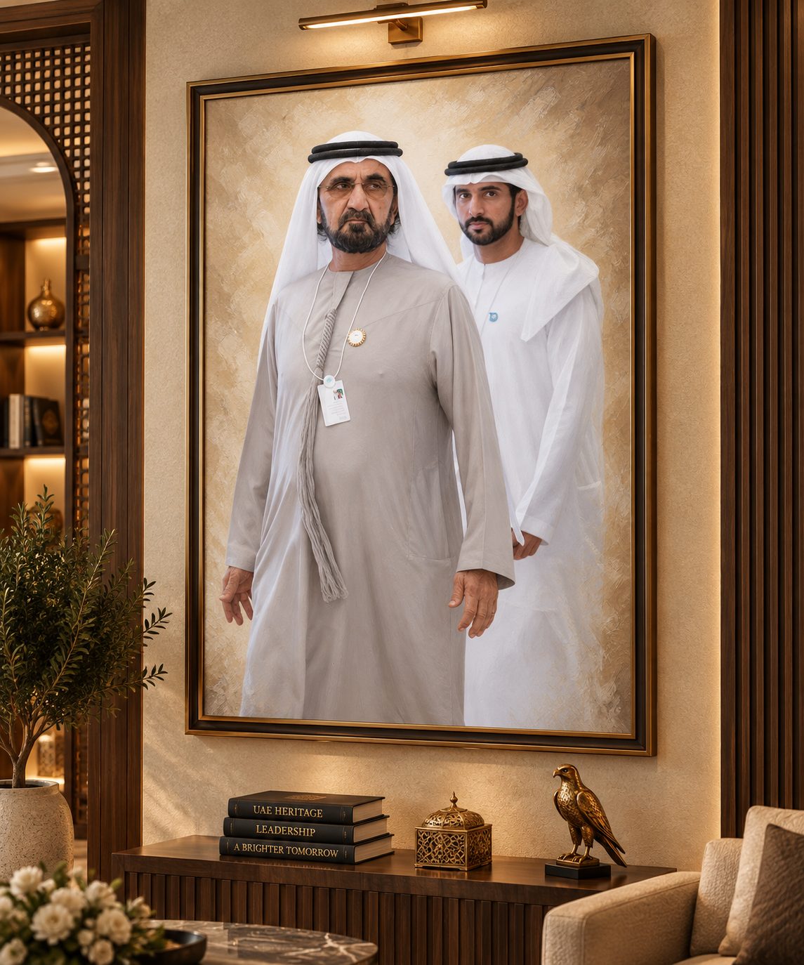 Custom portrait commission Dubai — framed oil portrait in a luxury interior by Blenc Art
